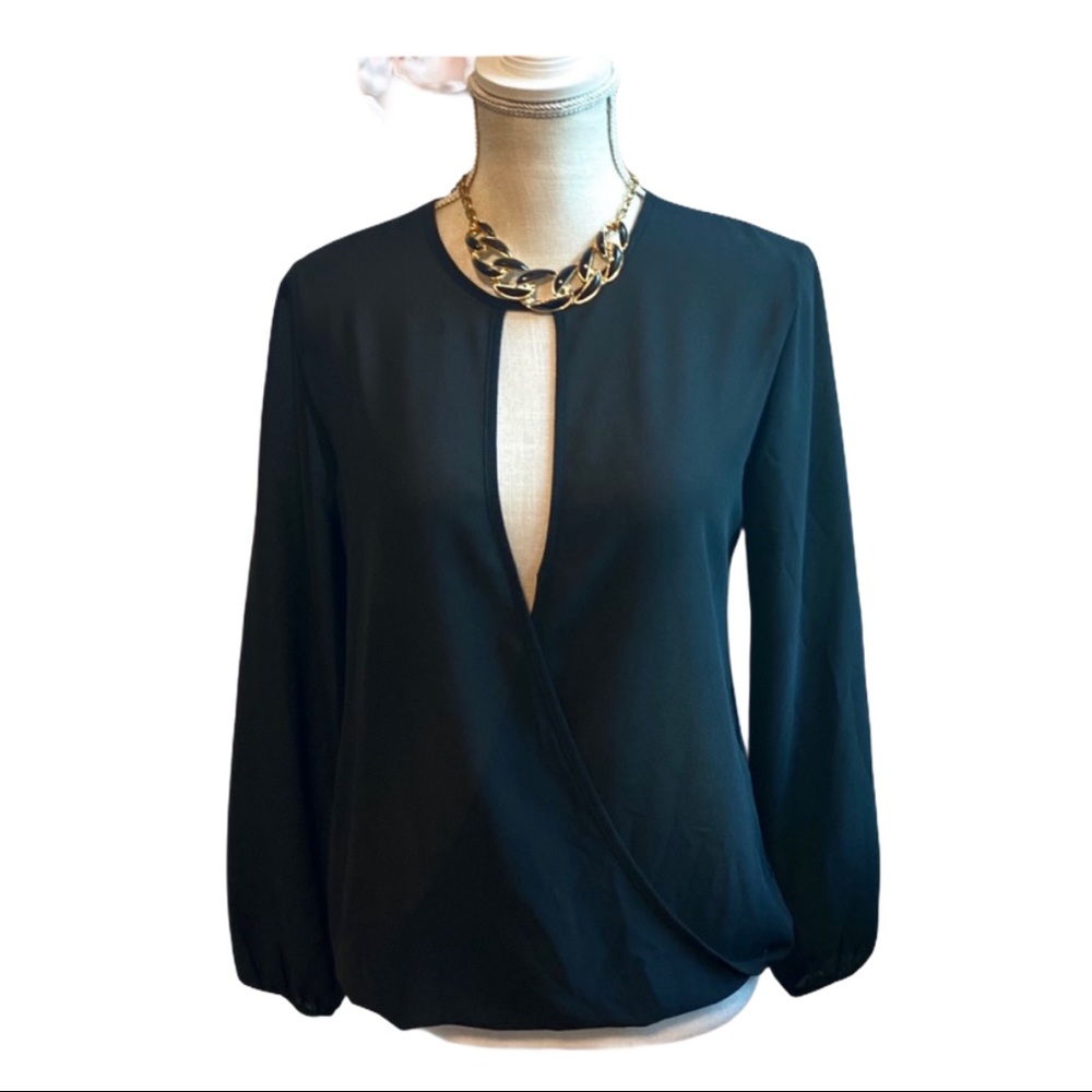 WAYF Top Deep V Long Sleeve Faux Wrap Sheer Black Size XS